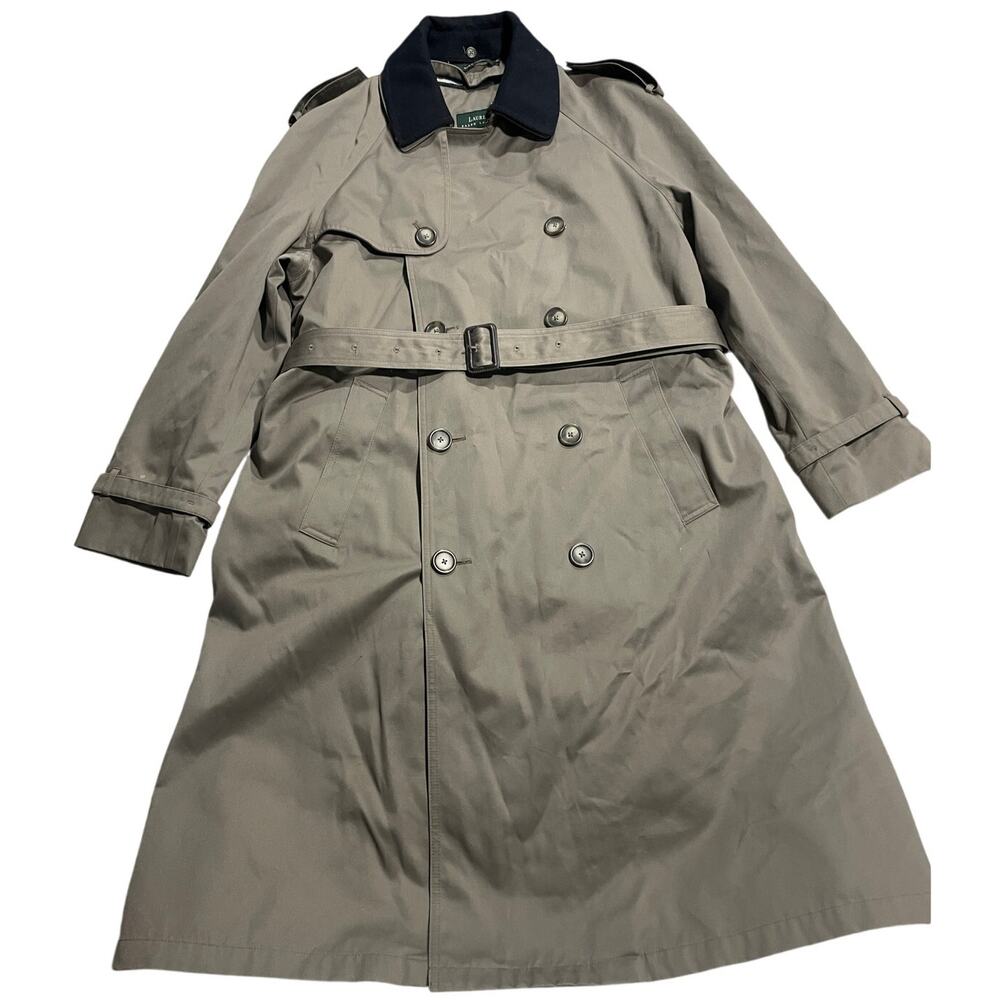Ralph Lauren Edmond Trench Coat Removable Liner Mens Size 40L Green Tan Belted
